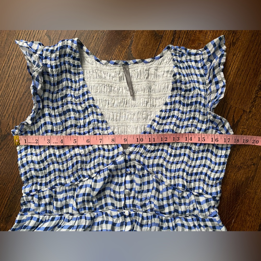 Anthropologie- Peregrine Blue and White Wavy Gingham Check Dress flutter sleeve - Picture 2 of 16